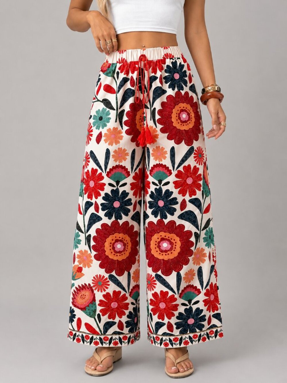 Women’s Petite Boho Floral Wide Leg Pants High Waist Vacation Palazzo Pants - Picture 3 of 4